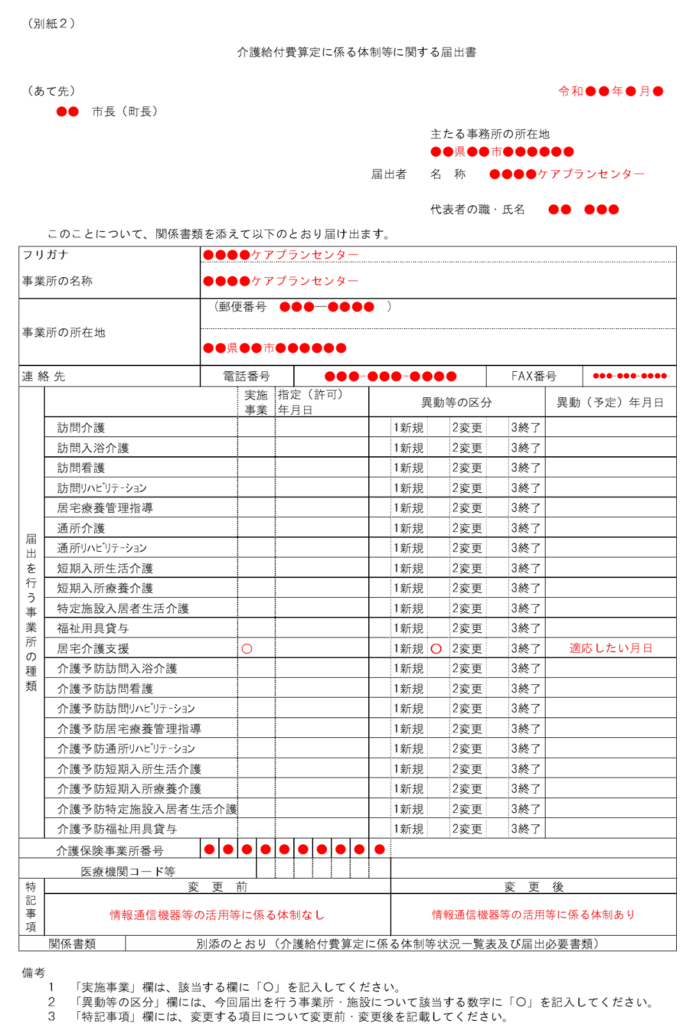 記入例:介護給付費算定に係る体制等状況一覧表
